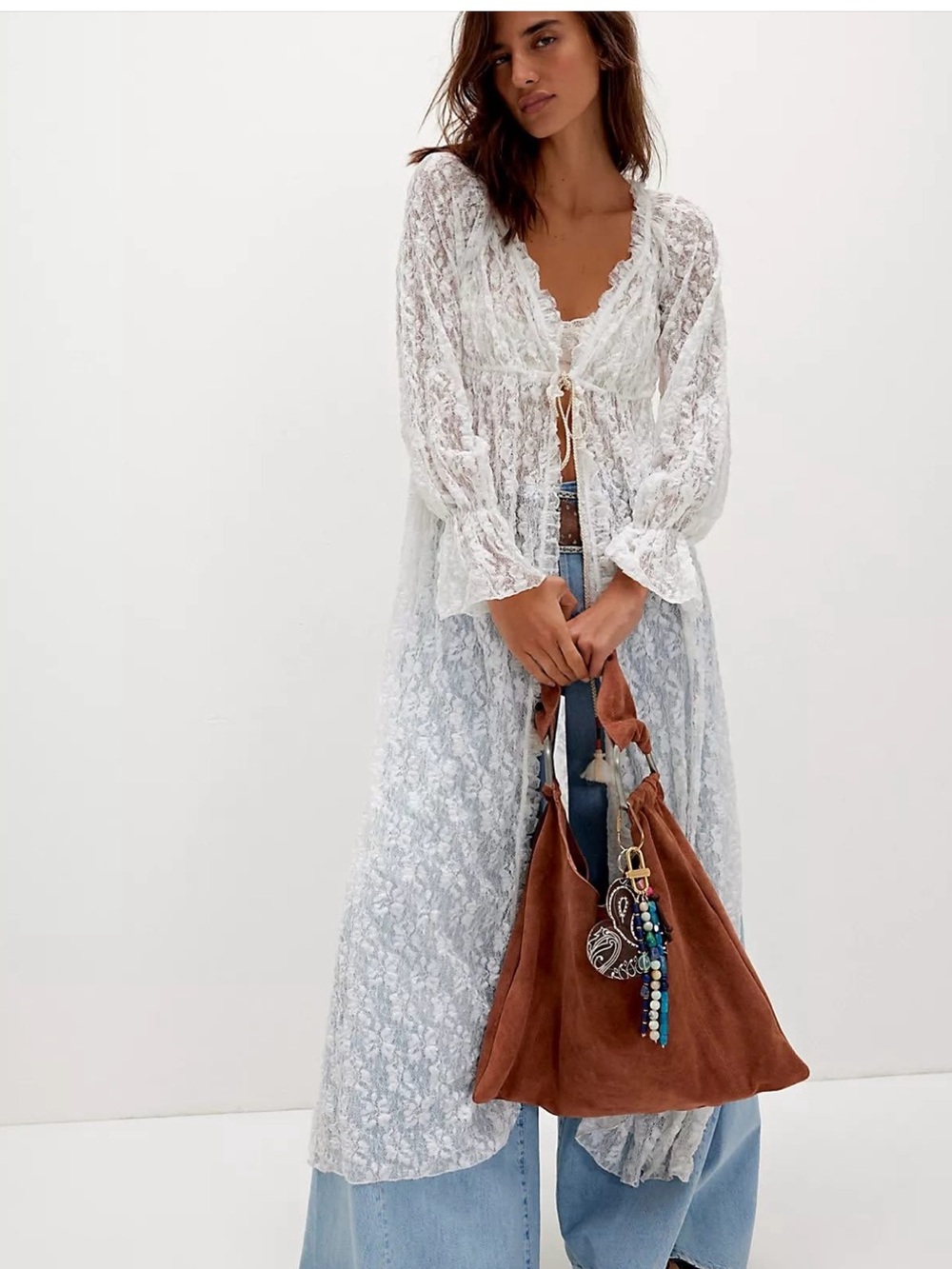 Free People Dim the Lights Lace Longline Duster Jacket Tie Front L